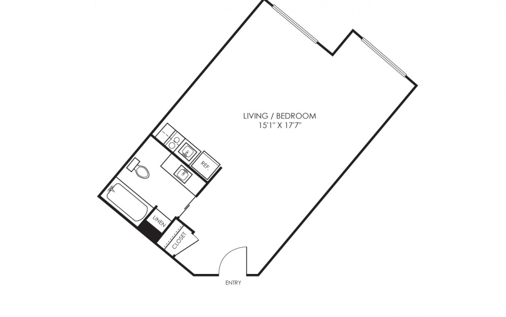 Studio F - Studio floorplan layout with 1 bath and 488 square feet.